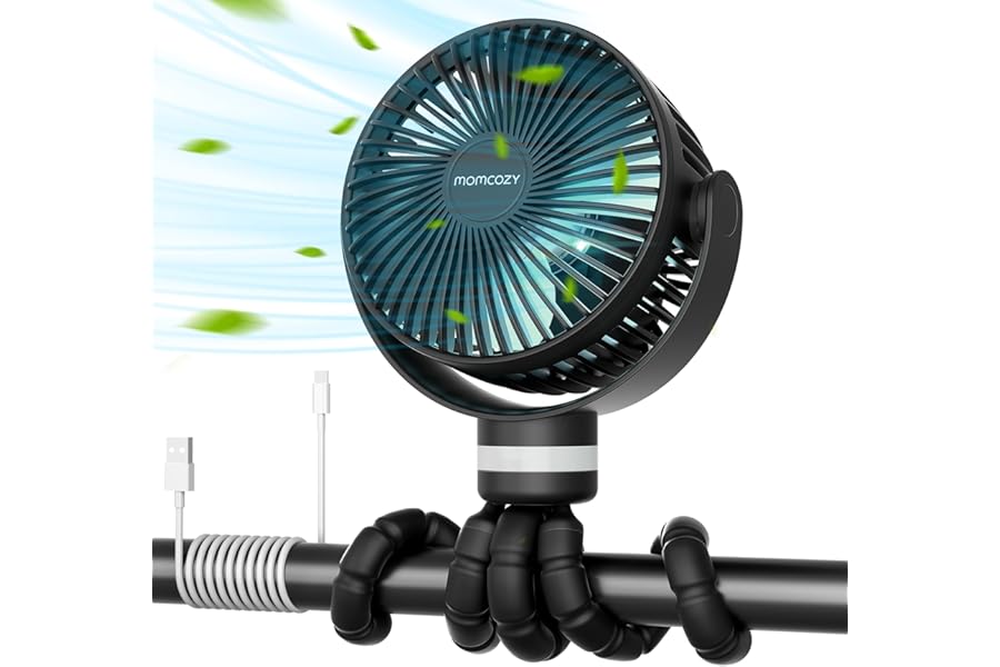 Momcozy 8000mAh Portable Stroller Fan, 27H Ultra-long Battery Life Detachable 4 Speed 360°Rotate LED Night Light with 2 Modes